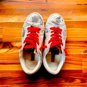 Steve Madden size 7.5 red lace faux cow fur slip on everyday shoe.